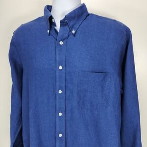 Lands End Shirt Mens 16-36 Tall Blue 100% Linen Button Down Made in‎ Hong Kong